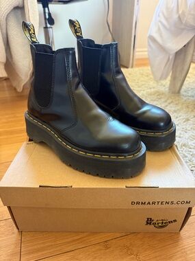 Dr. Martens Black Leather Platform Chelsea Boots with Yellow Stitching